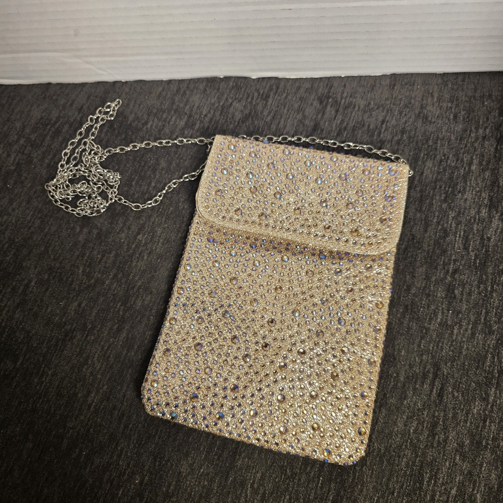 Gold Rhinestone Crossbody Cell Phone Purse Iridescent Crystal Evening Bag